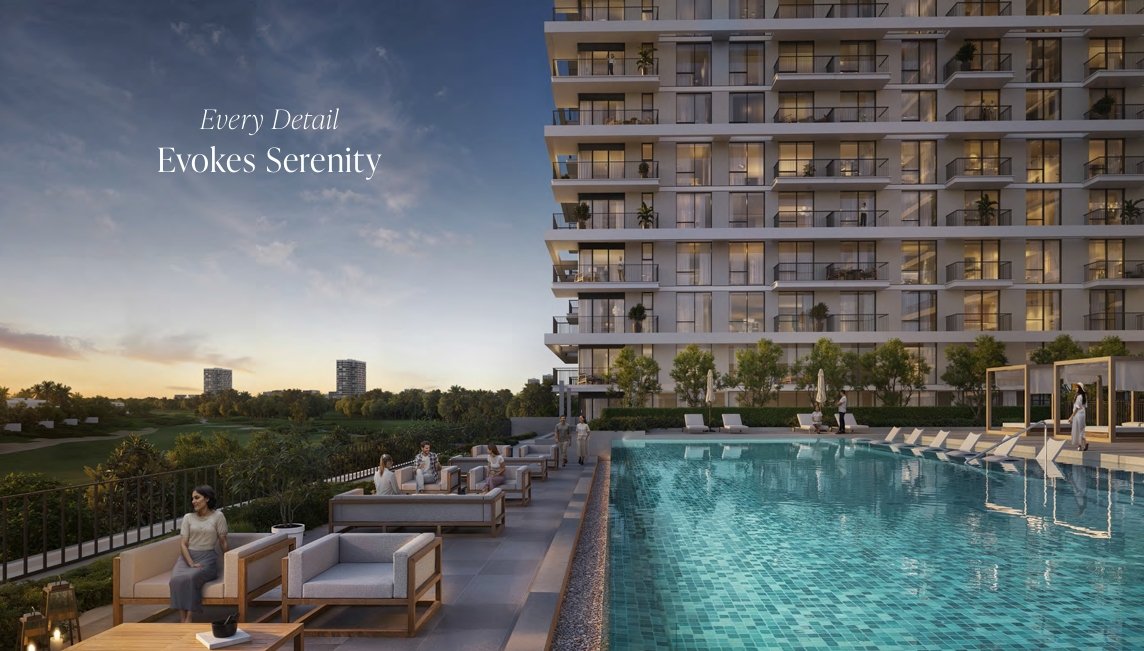 Drone shot of Gold Medow by emaar showing the swimming pool and the apartment building.